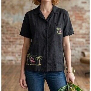 Jane Ashley Petite Black Embroidered Flamingo Palm Trees Sequined Beaded Size 1X